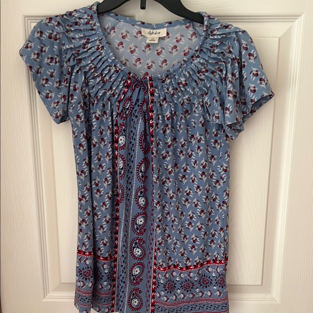 Style & Co. Blue Smocked Flutter Sleeve Blouse